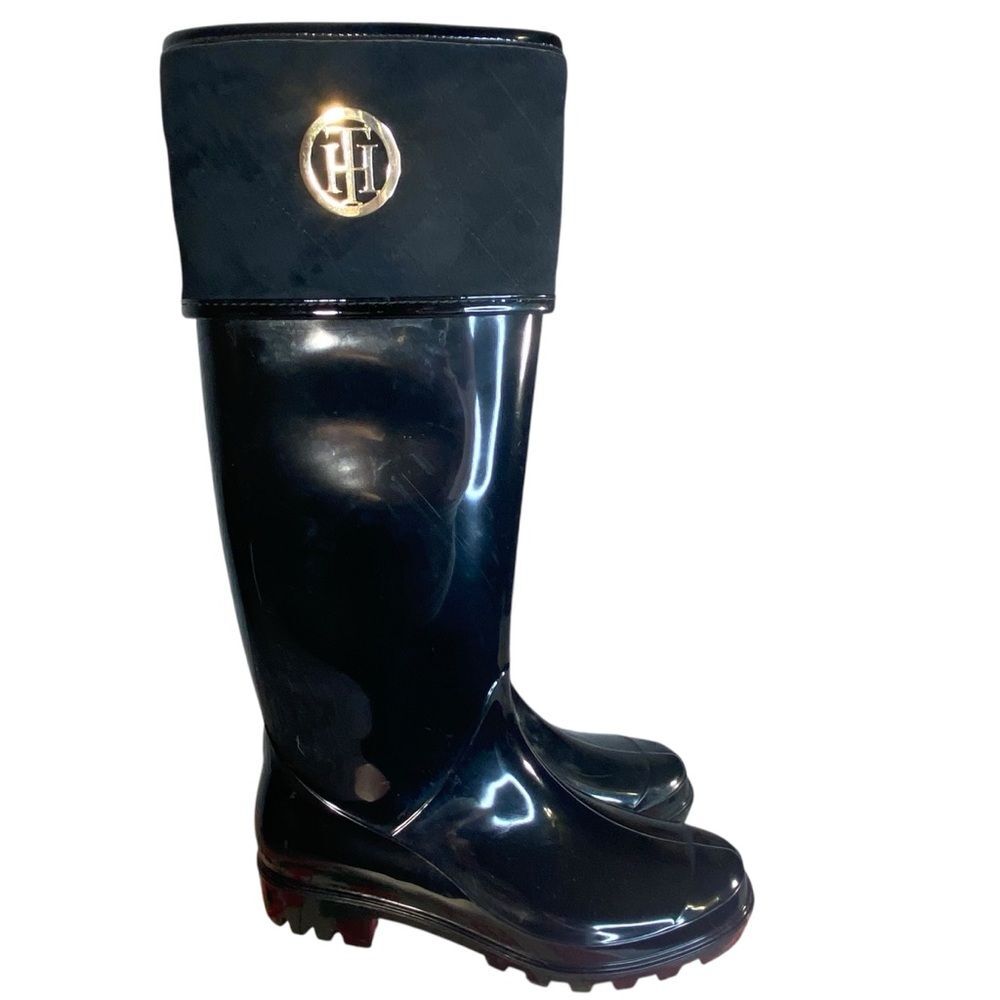 Tommy Hilfiger Rubber Rain Boots Knee High Black Boots Suede Cuff Gold Logo SZ 7